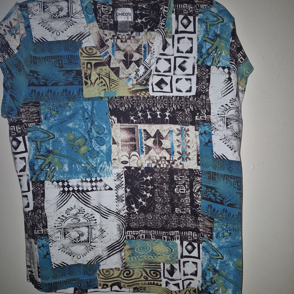 Chico's Patchwork V-Neck Short Sleeve Shirt in Teal, Black, White & Olive